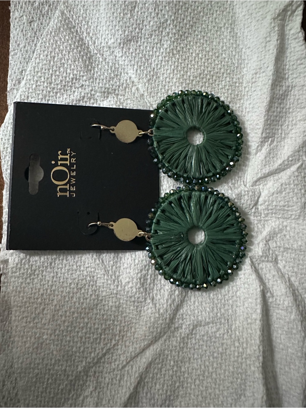 nOir Jewelry Forest Green Raffia Circle Drop Earrings with Beaded Edge
